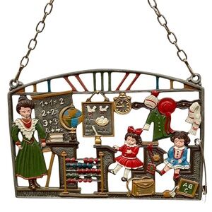 Pewter Vintage Schoolroom Decorative Hanging Hand Painted Rare Wall Hanging